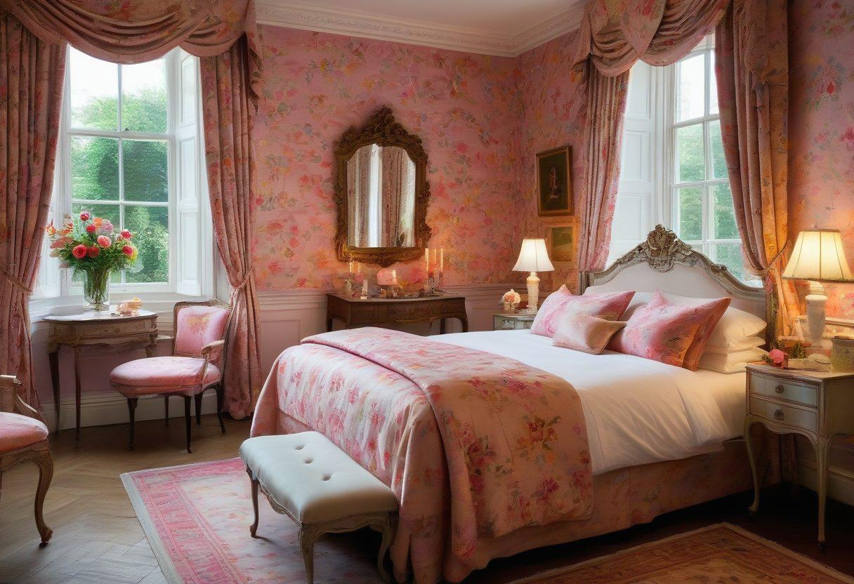 A beautifully decorated romantic bedroom at Spencer House, with soft candlelight creating a warm glow, vintage floral wallpaper, a plush bed adorned with rose petals, and an elegant dining setup for two with champagne and delicate pastries. In the background, large windows reveal a stunning garden view filled with vibrant flowers. The atmosphere should feel intimate and enchanting. super-realistic. vibrant colors. cozy ambiance.