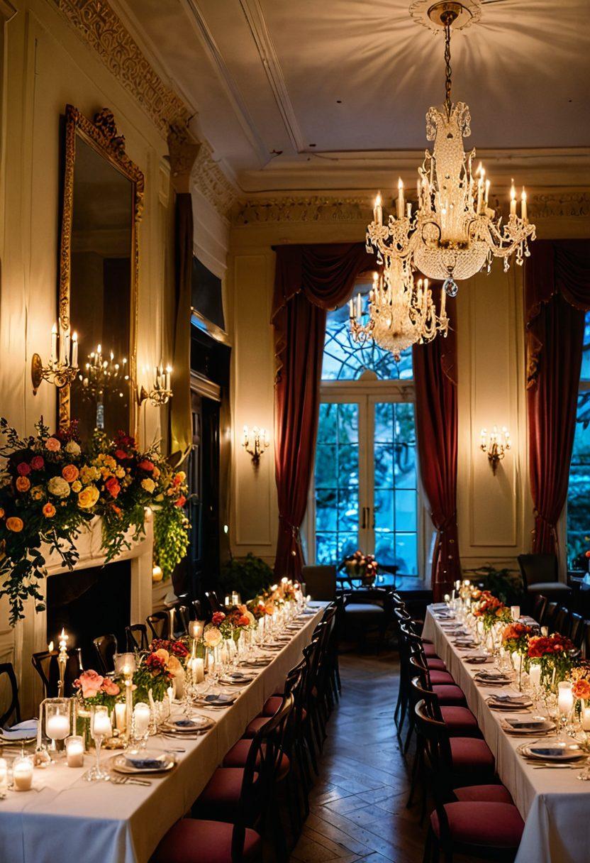 A beautifully decorated intimate gathering space at Spencer House, featuring soft lighting, elegant table settings with floral arrangements, and cozy seating. Show a small group of people laughing and toasting with glasses raised, capturing the warmth and joy of special moments. Include elements like candles and fairy lights to enhance the ambiance. painting. vibrant colors. soft focus.